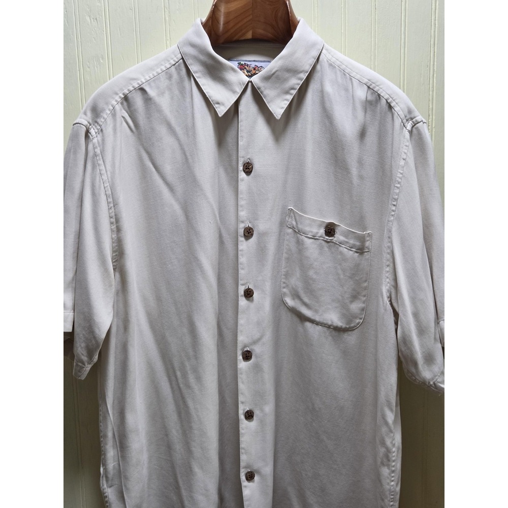Paradise‎ Coves Shirt Mens Large White Silk Short Sleeve Button Front Casual